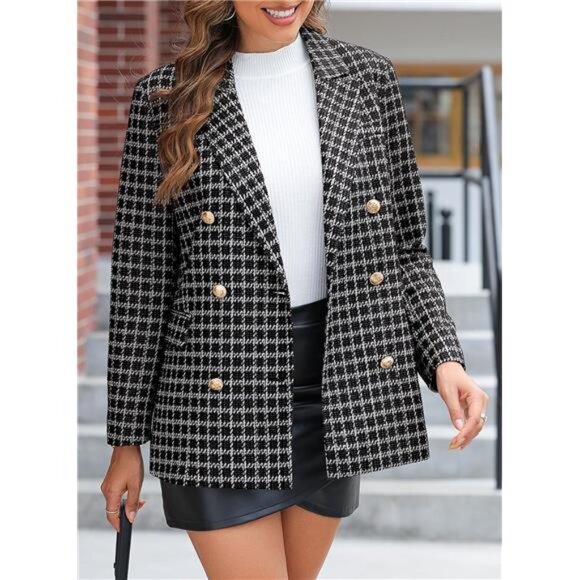 Women's Plaid Tweed Blazer Long Sleeve Double Breasted Open Front Jacket Suit - Picture 5 of 8